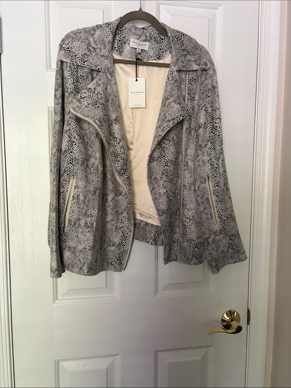 Skies Are Blue Gray Snake-Print Moto Jacket